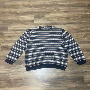 Chaps Men's Navy and White Striped Grandpa Sweater